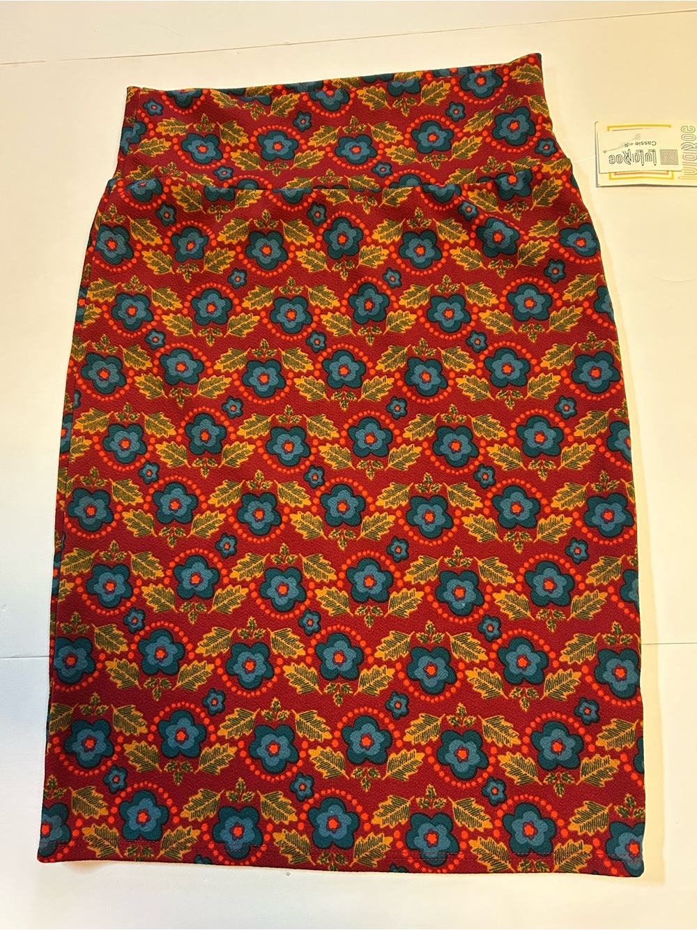 LuLaRoe Red Pencil Skirt with Blue Floral Print Small New
